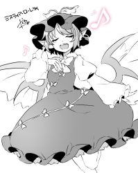 Rule 34 | 1girl, abe suke, animal ears, bird wings, blush, bow, bowtie, character name, closed eyes, earrings, hat, jewelry, juliet sleeves, long sleeves, musical note, mystia lorelei, open mouth, puffy sleeves, quaver, short hair, signature, simple background, solo, spot color, touhou, white background, wings
