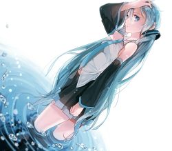 Rule 34 | 1girl, aqua eyes, aqua hair, arm up, detached sleeves, dutch angle, hatsune miku, highres, hona (platinum egg), long hair, looking at viewer, necktie, ripples, skirt, solo, twintails, very long hair, vocaloid, wading, water