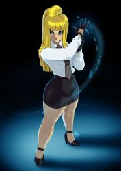 Rule 34 | 1girl, asymmetrical hair, black footwear, black gloves, blonde hair, blue eyes, blunt bangs, breasts, dress shirt, eyebrows, gloves, high heels, highres, ice, kolin, lips, looking to the side, necktie, office lady, pencil skirt, putting on gloves, shirt, side ponytail, skirt, solo, standing, street fighter, street fighter v, thick thighs, thighs, tovio rogers, white shirt, wide hips