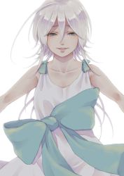 Rule 34 | 1girl, blue eyes, bow, breasts, dress, dress bow, hair between eyes, half-closed eyes, highres, long hair, looking at viewer, nier, nier (series), parted lips, simple background, small breasts, smile, solo, white background, white dress, white hair, yonah
