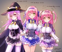 Rule 34 | bad id, bad pixiv id, black hat, blouse, breasts, capelet, character name, collared shirt, cowboy shot, flying sweatdrops, frilled legwear, gradient background, hair between eyes, hat, highres, holding hands, large breasts, original, pink hair, purple capelet, shirt, signature, simple background, standing, tagme, tandohark, thighhighs, thighs, uss des moines (ca-134), uss newport news (ca-148), uss salem (ca-139), white legwear, white shirt, yellow eyes