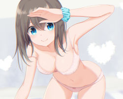 Rule 34 | 1girl, aqua scrunchie, armpits, bad id, bad pixiv id, blue eyes, blush, bow, bow bra, bow panties, bra, breasts, brown hair, cleavage, closed mouth, collarbone, commentary, commentary request, cowboy shot, heart, heart-shaped pupils, lace, lace-trimmed bra, lace-trimmed panties, lace trim, leaning forward, light blush, looking at viewer, lycorisia elle, medium breasts, medium hair, navel, nerisan, original, panties, pink bra, pink panties, polka dot, polka dot bra, polka dot panties, scrunchie, shading eyes, skindentation, smile, solo, standing, strap slip, symbol-only commentary, symbol-shaped pupils, thighs, underwear, underwear only, wrist scrunchie