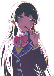 Rule 34 | 1girl, artist name, black hair, black jacket, blazer, blue eyes, blunt bangs, blush, bow, bowtie, buttons, commentary request, dated, hair ornament, hairclip, highres, jacket, licking, long hair, long sleeves, looking at viewer, nijisanji, pink bow, school uniform, shiwasu takashi, tongue, tongue out, tsukino mito, tsukino mito (1st costume), upper body, virtual youtuber, white background