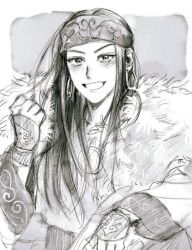 Rule 34 | 1girl, 500gk, ainu clothes, asirpa, black hair, blush, clenched hand, earrings, fur trim, golden kamuy, greyscale, headband, highres, hoop earrings, jewelry, long hair, long sleeves, looking at viewer, monochrome, smile, solo, upper body