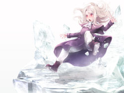 Rule 34 | 1girl, :&lt;, blush, boots, coat, fate/stay night, fate/zero, fate (series), haku (sinsifuku2), highres, ice, illyasviel von einzbern, long hair, open mouth, pants, purple footwear, red eyes, scarf, solo, tripping, white hair, white scarf, winter clothes