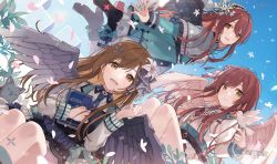 3girls, :&gt;, alstroemeria (idolmaster), alternate hairstyle, bangs, bare legs, belt, bird, bird on hand, black cat, black footwear, blue neckwear, blue ribbon, blue skirt, blue sky, book, boots, bow, brown belt, brown hair, cat, chiri (ch!), choker, cityscape, closed mouth, commentary, crop top, dove, dress, dutch angle, feathered wings, feet out of frame, flower, frilled hairband, frilled skirt, frills, full body, green bow, green dress, green shirt, grey wings, hair flower, hair ornament, hair ribbon, hairband, high heel boots, high heels, highres, holding, holding book, idolmaster, idolmaster shiny colors, kuwayama chiyuki, long hair, long sleeves, looking at animal, looking at viewer, multiple girls, necktie, osaki amana, osaki tenka, open mouth, outdoors, petals, pink flower, pink ribbon, red hair, ribbon, sample watermark, shirt, siblings, sidelocks, sisters, skirt, sky, smile, swept bangs, symbol-only commentary, twins, undershirt, white flower, white shirt, white skirt, white wings, wings, yellow eyes