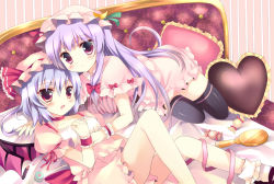 Rule 34 | 2girls, azumi kazuki, blue hair, female focus, frilled pillow, frills, hat, heart, heart-shaped pillow, long hair, multiple girls, patchouli knowledge, pillow, purple eyes, purple hair, red eyes, remilia scarlet, short hair, embodiment of scarlet devil, thighhighs, touhou