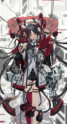 Rule 34 | 1girl, bare shoulders, black hair, bow, cable, demon tail, headphones, impossible clothes, jacket, long hair, looking at viewer, multicolored hair, off shoulder, original, red eyes, red hair, single thighhigh, smile, tail, thigh strap, thighhighs, touzai (poppin phl95), twintails, two-tone hair