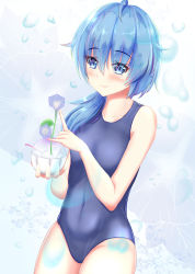 Rule 34 | 10s, 1girl, absurdres, asymmetrical hair, bad id, bad pixiv id, blue eyes, blue hair, blue one-piece swimsuit, blush, bubble, dream41, fang, flower, food, highres, kantai collection, lips, long hair, minazuki (kancolle), morning glory, one-piece swimsuit, school swimsuit, shaved ice, smile, solo, swimsuit
