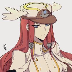 Rule 34 | 1girl, blazblue, blue eyes, breasts, cape, closed mouth, hair tubes, hat, large breasts, long hair, red hair, roas01b, signature, simple background, solo, tsubaki yayoi, uniform, white cape, white uniform