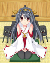 Rule 34 | 10s, 1girl, bare shoulders, black hair, black thighhighs, blush, brown eyes, detached sleeves, hairband, haruna (kancolle), japanese clothes, kantai collection, long hair, looking at viewer, open mouth, personification, ribbon-trimmed sleeves, ribbon trim, seiza, sitting, skirt, smile, solo, takanashi kou, thighhighs