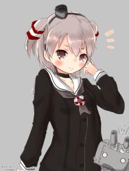 Rule 34 | 10s, 1girl, alternate hair length, alternate hairstyle, amatsukaze (kancolle), brown eyes, commentary request, dress, grey background, grey hair, hair tubes, hand in own hair, highres, kantai collection, light smile, looking at viewer, momimaki, rensouhou-kun, sailor dress, short hair, translation request, twitter username