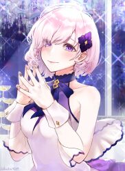 Rule 34 | 1girl, bare shoulders, black ribbon, blush, closed mouth, collarbone, commentary request, dress, eyes visible through hair, fate/grand order, fate (series), fingernails, hair ornament, hair over one eye, highres, kachin, light purple hair, looking at viewer, mash kyrielight, mash kyrielight (under the same sky), neck ribbon, official alternate costume, own hands together, purple eyes, ribbon, see-through, short hair, smile, solo, twitter username, white dress, wrist cuffs