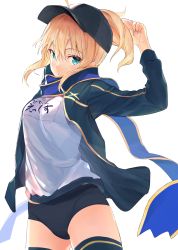 Rule 34 | 1girl, ahoge, arm up, artoria pendragon (fate), baseball cap, black thighhighs, blonde hair, blue eyes, blue scarf, buruma, closed mouth, cowboy shot, fate/grand order, fate (series), gym shirt, gym uniform, hair between eyes, hat, highres, jacket, looking at viewer, mysterious heroine x (fate), name tag, nanotaro, open clothes, open jacket, ponytail, rojiura satsuki: chapter heroine sanctuary, scarf, shirt, sidelocks, simple background, solo, thighhighs, thighs, white background
