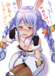 Rule 34 | 1girl, absurdres, animal ears, basketball-to-cartoon-0104, blue hair, blush, braid, breasts, bridal garter, carrot, carrot hair ornament, commentary request, crying, food-themed hair ornament, gloves, hair ornament, highres, hololive, leotard, multicolored hair, open mouth, pantyhose, playboy bunny, rabbit ears, rabbit girl, red eyes, scarf, simple background, small breasts, solo, thick eyebrows, translated, twin braids, usada pekora, usada pekora (1st costume), virtual youtuber, white background