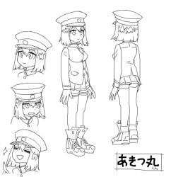 Rule 34 | 10s, 1girl, akitsu maru (kancolle), bad drawr id, bad id, breasts, cosmic bear, expressions, full body, gloves, greyscale, hat, kantai collection, long sleeves, microskirt, military, military uniform, monochrome, multiple views, peaked cap, pleated skirt, shoes, short hair, simple background, skirt, sneakers, thighhighs, turnaround, uniform, white background, zettai ryouiki