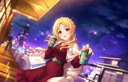 Rule 34 | 1girl, bag, balcony, black sash, blonde hair, blurry, blurry background, blush, braid, breasts, cityscape, coffee cup, collarbone, cup, depth of field, disposable cup, dress, earrings, feet out of frame, french braid, game cg, grey nails, hands up, head tilt, holding, idolmaster, idolmaster cinderella girls, idolmaster cinderella girls starlight stage, jacket, jacket on shoulders, jewelry, kiryu tsukasa (idolmaster), lens flare, long hair, long sleeves, looking at viewer, nail polish, necklace, night, night sky, official art, open mouth, outdoors, parted bangs, purple eyes, red dress, red nails, ribbed dress, sash, shopping bag, sky, small breasts, solo, sparkle, star (sky), starry sky, twintails, window