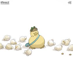 Rule 34 | bird, blue bag, bottle cap, closed eyes, commentary, diva (hyxpk), duck, duckling, english commentary, food, frog headband, highres, no humans, numbered, original, page number, popcorn, simple background, white background