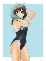 Rule 34 | 1girl, black hair, black one-piece swimsuit, blue background, chaborin, competition swimsuit, cowboy shot, looking at viewer, medium hair, one-piece swimsuit, original, parted lips, purple eyes, solo, standing, swimsuit, towel, towel on head, white towel