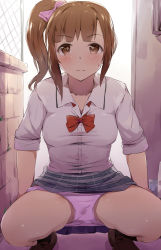 Rule 34 | 1girl, alley, black socks, blush, bow, bowtie, breasts, brick wall, brown eyes, brown footwear, brown hair, chain-link fence, closed mouth, clothes lift, collared shirt, commentary request, day, dress shirt, fence, grey skirt, hair bow, have to pee, high ponytail, highres, idolmaster, idolmaster cinderella girls, igarashi kyoko, kneehighs, loafers, looking at viewer, outdoors, panties, panty pull, pink bow, pink panties, red bow, red bowtie, seneto, shirt, shoes, short sleeves, side ponytail, sidelocks, skirt, skirt lift, small breasts, socks, solo, spread legs, squatting, sweat, underwear, wall, wavy mouth, white background, white shirt, window