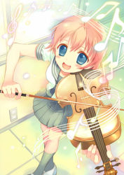 Rule 34 | 1girl, :d, blue eyes, blush, instrument, md5 mismatch, music, musical note, notes, open mouth, original, pink hair, resolution mismatch, school uniform, short hair, smile, solo, source larger, takeda mika, violin