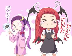 Rule 34 | &gt; &lt;, 2girls, alternate hairstyle, black dress, black wings, blunt bangs, bow, capelet, chibi, circular saw, collared shirt, commentary request, crescent, crescent hair ornament, demon wings, dress, forehead, hair bow, hair ornament, head wings, headband, index finger raised, koakuma, long hair, long sleeves, multiple girls, mumyuu, patchouli knowledge, ponytail, puff of air, purple capelet, purple dress, purple hair, purple headband, red bow, red hair, saw, shirt, short dress, striped clothes, striped dress, sweatdrop, tears, touhou, white shirt, wing collar, wings
