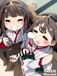 Rule 34 | 10s, 2girls, = =, bad id, bad pixiv id, blush, brown hair, detached sleeves, drawing on another&#039;s face, drooling, grin, hairband, hiei, hiei (kancolle), highres, kantai collection, kongou (kancolle), kuro chairo no neko, long hair, multiple girls, name connection, nontraditional miko, nose bubble, prank, ribbon-trimmed sleeves, ribbon trim, short hair, sleeping, smile, twitter username, writing, yuu yuu hakusho