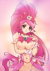 Rule 34 | 10s, 1girl, bow, breasts, brooch, cleft of venus, cure blossom, hanasaki tsubomi, heart, heart brooch, heartcatch precure!, hisahiko, jewelry, large breasts, long hair, magical girl, navel, nipples, nude, pink background, pink bow, pink eyes, pink hair, pink theme, precure, pussy, solo, uncensored