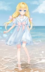 Rule 34 | 1girl, barefoot, blonde hair, blue dress, blue eyes, blurry, blurry background, blush, bow, closed mouth, commentary request, day, depth of field, dress, frilled dress, frills, hair between eyes, hair bow, highres, horizon, long hair, ocean, original, outdoors, pink bow, puffy short sleeves, puffy sleeves, rimo, sailor collar, sailor dress, shallow water, short sleeves, smile, solo, standing, standing on one leg, very long hair, wading, water, white sailor collar