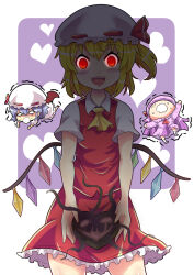 Rule 34 | 3girls, ascot, bat wings, blank eyes, blonde hair, blunt bangs, blush stickers, box, chibi, colonel aki, commentary request, flandre scarlet, foaming at the mouth, glowing, hair between eyes, hat, hat ribbon, heart, heart-shaped box, long hair, long sleeves, looking at viewer, mob cap, multiple girls, nightgown, open mouth, patchouli knowledge, puffy short sleeves, puffy sleeves, purple hair, red eyes, red skirt, remilia scarlet, ribbon, shaded face, shirt, short hair, short sleeves, side ponytail, sidelocks, skirt, smile, tentacles, touhou, trembling, valentine, white shirt, white skirt, wings