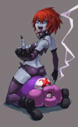 Rule 34 | 1girl, ass, bare shoulders, black nails, blue eyes, blue skin, butt crack, capcom, cigarette, collar, colored skin, crop top, detached sleeves, fangs, fingerless gloves, from behind, gender request, genderswap, gloves, kneeling, kuroino (0kuro8ino6), middle finger, midnight bliss, nail polish, open mouth, purple thighhighs, red hair, short hair, short shorts, shorts, smile, solo, spiked collar, spikes, thighhighs, tongue, tongue out, vampire (game), zabel zarock, zombie