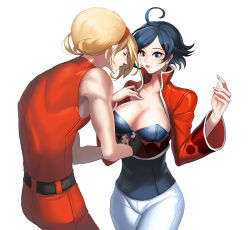 Rule 34 | 1boy, 1girl, ahoge, ash crimson, bad id, bad pixiv id, black hair, blonde hair, breasts, cleavage, corset, elisabeth blanctorche, large breasts, muse (rainforest), short hair, simple background, snk, sweatdrop, the king of fighters, white hair, wide hips