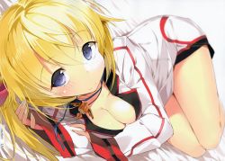 Rule 34 | 10s, 1girl, artist name, blonde hair, blurry, breasts, charlotte dunois, cleavage, depth of field, foreshortening, highres, infinite stratos, jewelry, lying, nauribon, necklace, on side, pendant, purple eyes, scan, school uniform, smile, solo