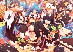 Rule 34 | 3girls, animal ear fluff, animal ears, aqua eyes, black hair, blue eyes, blue hair, blush, breasts, brown hair, cat, cat ears, cat tail, cleavage, flat chest, food, ice cream, large breasts, long hair, looking at viewer, lying, mamuru, midriff, multiple girls, multiple tails, navel, on stomach, open mouth, original, short hair, sitting, smile, tail, thighhighs, too many, too many cats, underboob