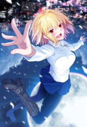 Rule 34 | 1girl, :d, arcueid brunestud, black pantyhose, blonde hair, blue skirt, blurry, blurry background, blush, boots, floating hair, knee boots, long sleeves, medium hair, miniskirt, mizunashi hayate, open mouth, outstretched arms, pantyhose, pleated skirt, red eyes, single hair intake, skirt, smile, solo, straight hair, sweater, tsukihime, white sweater