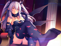 Rule 34 | 1girl, breasts, cleavage, demon girl, elbow gloves, feet, foot focus, gloves, leg up, licking lips, light purple hair, long hair, looking at viewer, panties, pantyshot, pointy ears, pov, red eyes, sitting, soles, thighhighs, throne, toes, tongue, tongue out, twintails, underwear