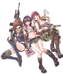 Rule 34 | aiming, aiming at viewer, arm warmers, belt, beret, beretta 92, black hair, black vest, blonde hair, boots, breasts, brown hair, camouflage, camouflage pants, cleavage, crop top, date madoka, date ryuunosuke (hare-kon.), date yuzu, dirty, dirty face, dual wielding, explosive, finger on trigger, fingerless gloves, gloves, goggles, goggles on head, green neckerchief, grenade, gun, handgun, hare-kon., hat, headset, high heel boots, high heels, highres, holding, holster, knee boots, knee pads, large breasts, lipstick mark, long hair, machine gun, maezono koharu, medium breasts, medium hair, midriff, navel, neckerchief, non (mangaka), one eye closed, pants, short shorts, shorts, shoulder holster, small breasts, smile, stiletto heels, strapless, submachine gun, tube top, vest, walkie-talkie, wanted, weapon