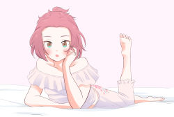 Rule 34 | 10s, 1girl, :o, absurdres, alternate hairstyle, barefoot, bed sheet, blush, capri pants, commentary, elbow rest, floral print, flower, girls und panzer, hair up, hand on own face, highres, leg up, looking at viewer, lying, off-shoulder shirt, off shoulder, on bed, on stomach, one-hour drawing challenge, open mouth, oze (xyz go go11), pajamas, pants, pink pants, pink shirt, print pants, rose, rosehip (girls und panzer), shirt, short hair, short ponytail, solo, the pose