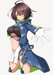 Rule 34 | 1girl, absurdres, ahoge, azur lane, baltimore (azur lane), black shirt, blue coat, blush, braid, breasts, brown hair, center opening, clothing cutout, coat, commentary request, covered erect nipples, crop top, cropped legs, dress, french braid, garter straps, gloves, hair between eyes, highres, hood, hood down, hooded coat, large breasts, long sleeves, looking at viewer, multicolored coat, navel, nishizuki shino, open clothes, open coat, parted lips, partial commentary, pelvic curtain, reaching, reaching towards viewer, shirt, short hair, sidelocks, simple background, smile, solo, standing, stomach, stomach cutout, underboob, underboob cutout, white background, white dress, white gloves, yellow eyes, zipper pull tab