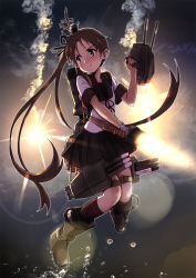 Rule 34 | 10s, 1girl, ammunition, antennae, ayanami (kancolle), backpack, bag, belt, black skirt, brown eyes, brown hair, buckle, flare, highres, kantai collection, long hair, looking back, masamuuu, neckerchief, pleated skirt, ponytail, school uniform, side ponytail, skirt, solo, sunlight, tareme, thigh strap, torpedo