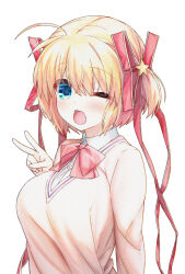 Rule 34 | 1girl, ;d, ahoge, arm at side, blonde hair, blue eyes, blush, bow, breasts, commentary, eyes visible through hair, hair between eyes, hair ornament, hair ribbon, hand up, happy, highres, kamikita komari, little busters!, little busters! school uniform, long ribbon, looking at viewer, medium breasts, natsuoto rito, one eye closed, open mouth, pink bow, red ribbon, ribbon, school uniform, short hair, simple background, smile, solo, star (symbol), star hair ornament, sweater, two side up, upper body, v, white background, yellow sweater