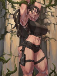 Rule 34 | 1girl, abs, armpits, arms up, belt, belt buckle, biceps, black belt, bound, bound arms, breasts, brown hair, buckle, crop top, day, feet out of frame, from side, gloves, green eyes, holster, huge breasts, impossible clothes, impossible shirt, lara croft, lips, long hair, looking down, messy hair, micro shorts, midriff, muscular, muscular female, outdoors, parted lips, ruins, shirt, short shorts, shorts, sleeveless, sleeveless shirt, solo, standing, stomach, sweat, tank top, thick arms, thick thighs, thigh holster, thigh strap, thighs, tomb raider, two-tone shirt, two-tone shorts, xxoom