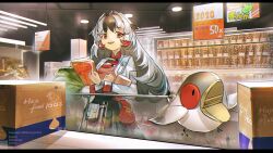 Rule 34 | 1girl, arknights, bird, black hair, black skirt, box, can, cardboard box, ceiling light, chinese commentary, commentary request, dated, food, holding, indoors, jacket, long hair, long sleeves, looking at viewer, multicolored hair, open clothes, open jacket, paint1122, red eyes, red hair, red shirt, sack, shirt, shop, skirt, smile, snowsant (arknights), solo, streaked hair, teeth, upper teeth only, vegetable, white hair, white jacket