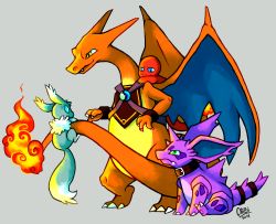 Rule 34 | 2014, alternate color, blue eyes, charizard, charmander, chibi-castform, claws, creature, creatures (company), dragon, eevee, eye contact, fangs, fiery tail, fire, fire, full body, game freak, gen 1 pokemon, green eyes, grey background, horns, looking at another, nidorino, nintendo, no humans, pokemon, pokemon (creature), pokemon on tail, shiny pokemon, signature, simple background, sitting, standing, tail, yellow eyes