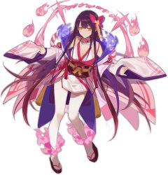 Rule 34 | 1girl, ark order, black footwear, blue bow, bow, breasts, cleavage, fire, hair bow, japanese clothes, kagutsuchi (ark order), kimono, large breasts, long hair, long sleeves, obi, official art, ofuda, okobo, pink bow, pink fire, purple hair, red cucumber, sandals, sash, sidelocks, solo, tachi-e, thighhighs, transparent background, very long hair, white kimono, white thighhighs, wide sleeves, yellow eyes
