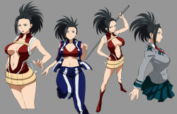 Rule 34 | 10s, 1girl, anime coloring, armpits, bare shoulders, belt, belt skirt, black hair, blouse, boku no hero academia, boots, breasts, breasts apart, cleavage, collared shirt, covered collarbone, from side, frown, full body, grey background, half-closed eyes, hand on own hip, high heel boots, high heels, highres, legs apart, legs together, leotard, long hair, multiple views, ponytail, red sports bra, shirt, simple background, sleeves rolled up, sports bra, standing, standing on one leg, thighs, v-shaped eyebrows, white shirt, yaoyorozu momo
