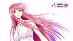 Rule 34 | 1girl, breasts, cleavage, copyright name, dress, dutch angle, end card, floating hair, green eyes, halterneck, long hair, medium breasts, official art, pink hair, saint seiya, saint seiya saintia sho, shadow, sideboob, simple background, sleeveless, sleeveless dress, solo, upper body, very long hair, white background, white dress