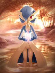 Rule 34 | 1girl, absurdres, alternate color, alternate eye color, ancesra, artist name, blue skin, blurry, blurry background, bob cut, closed mouth, colored skin, creatures (company), female focus, flat chest, floating, floating object, forest, game freak, gardevoir, gen 3 pokemon, glowing, hair over one eye, hands up, happy, highres, jewelry, light rays, mega stone, multicolored skin, nature, necklace, nintendo, outdoors, partially submerged, patreon username, pokemon, pokemon (creature), red eyes, ripples, shiny pokemon, short hair, smile, solo, standing, straight-on, stream, sunlight, sunset, tree, two-tone skin, wading, water, watermark, web address, white skin