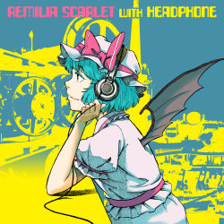 Rule 34 | 1girl, akg, akg k-series headphones, bat wings, blue hair, bow, character name, english text, gears, hat, headphones, maruhachi (maruhachi record), profile, red eyes, remilia scarlet, ribbon, short hair, smile, solo, touhou, wings