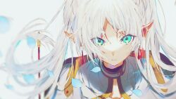 Rule 34 | 1girl, absurdres, amagasayu, aqua eyes, artist name, blurry, capelet, closed mouth, depth of field, elf, expressionless, frieren, gold trim, grey background, highres, long hair, looking at viewer, parted bangs, pointy ears, signature, simple background, solo, sousou no frieren, staff, twintails, upper body, white capelet, white hair